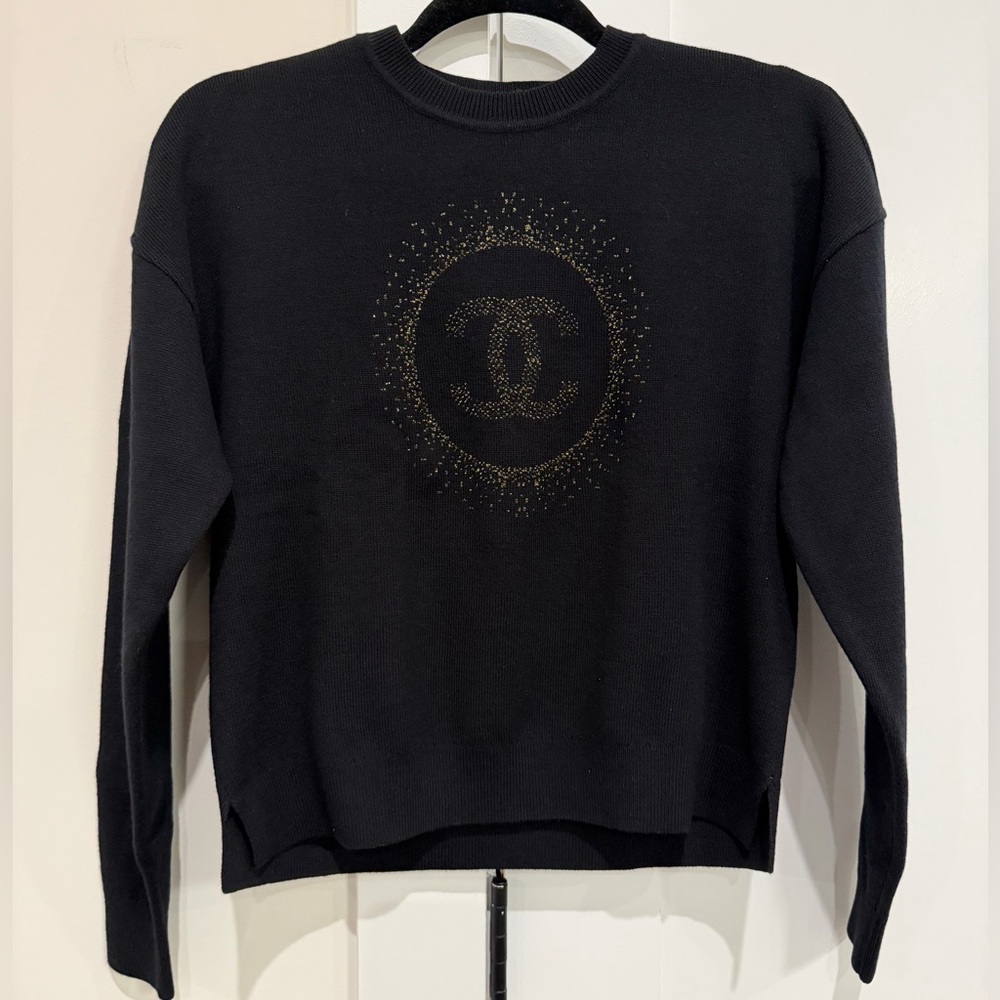 CHANEL Uniform Black Cotton Sweater W Gold Metallic CC Logo Size S designer NEW - Picture 2 of 13